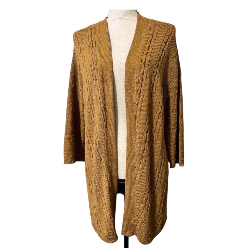 NWT J. Jill Cable Knit Open Front Cardigan Tan/Brown/Mustard Sweater Sz M